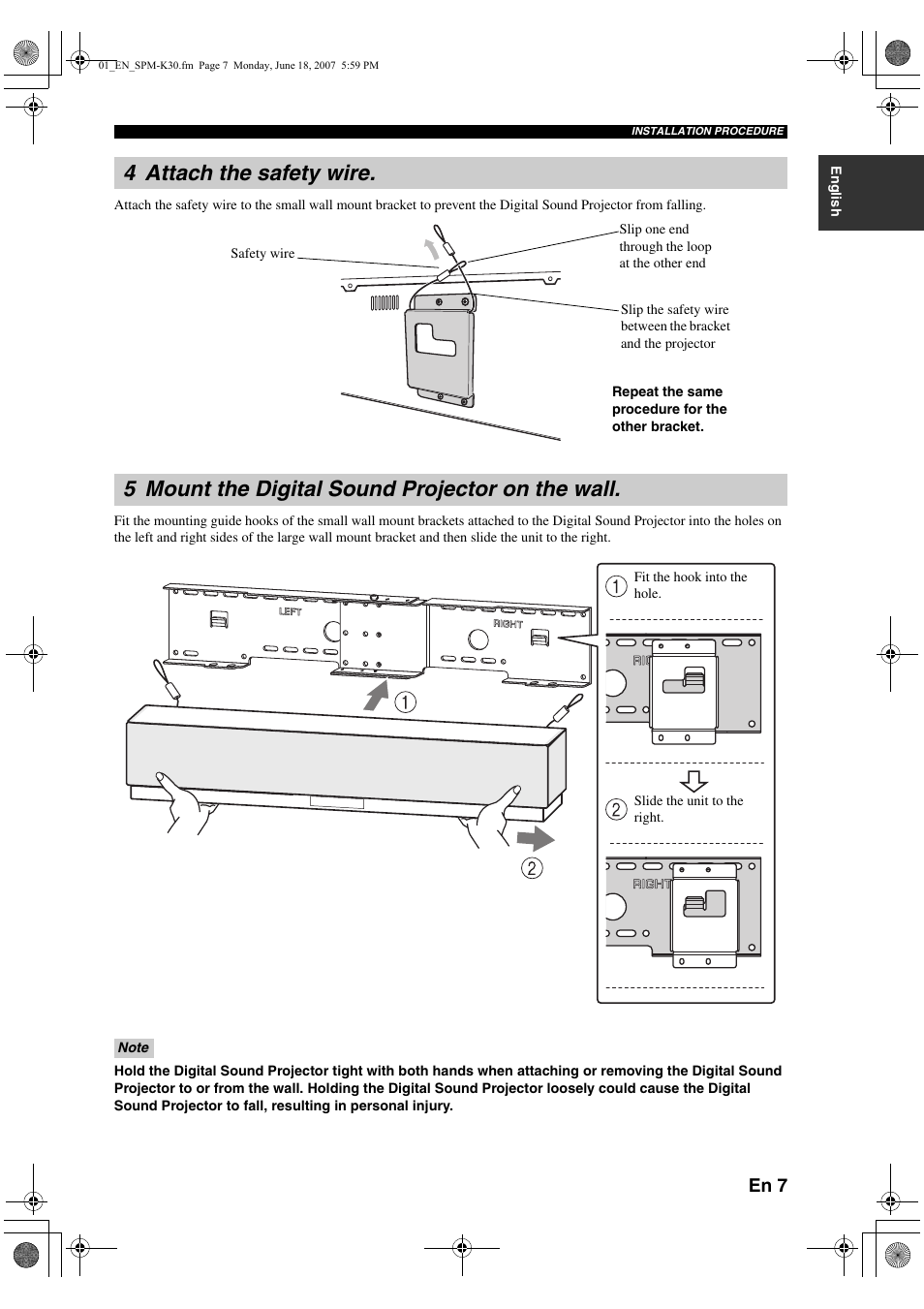 4 attach the safety wire, 5 mount the digital sound projector on the wall, En 7 | Yamaha SPMK30 User Manual | Page 11 / 14