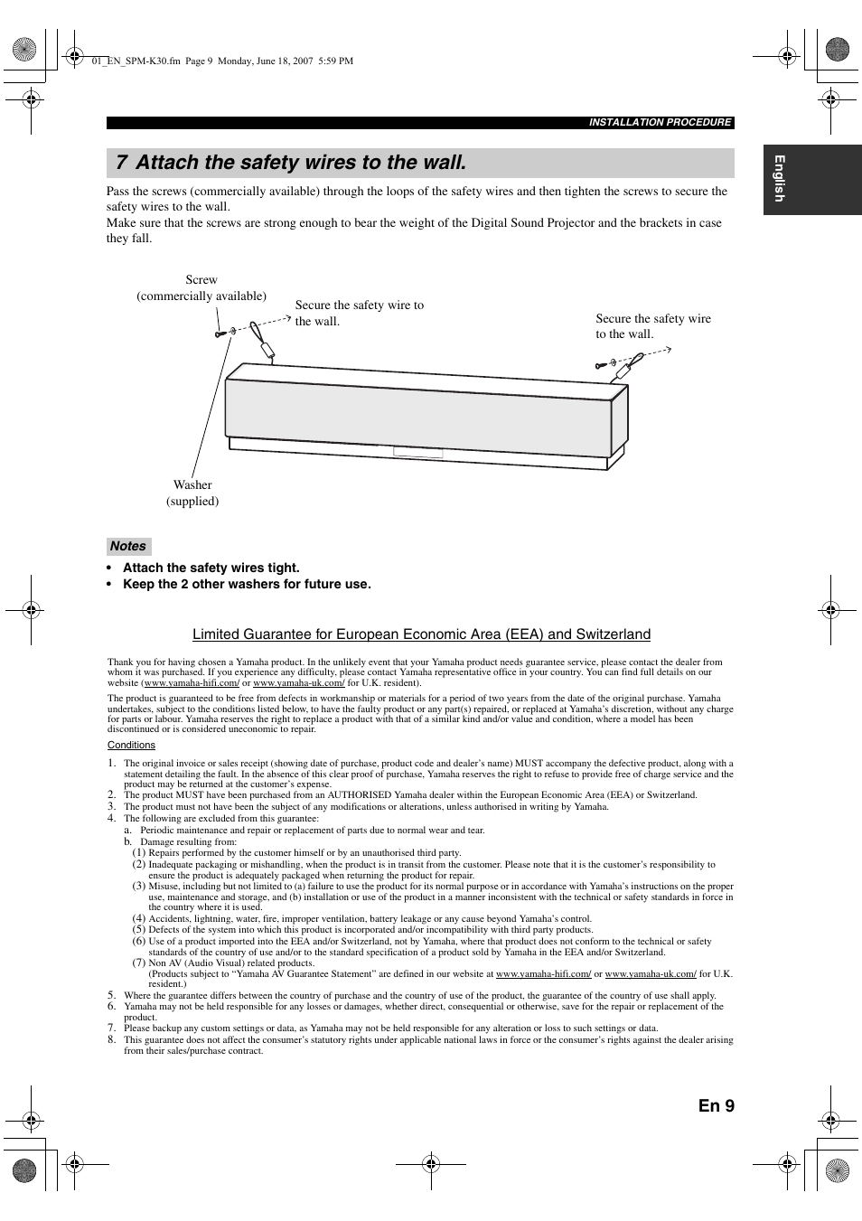 7 attach the safety wires to the wall, En 9 | Yamaha SPMK30 User Manual | Page 13 / 14