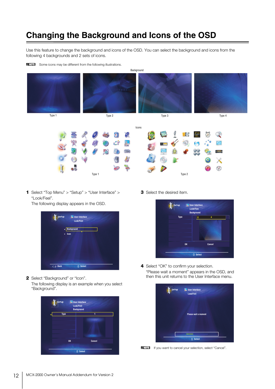 Changing the background and icons of the osd, Changing the background, And icons of the osd | Select the desired item | Yamaha MCX-2000 User Manual | Page 12 / 25