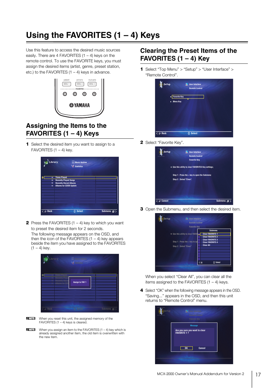 Using the favorites (1 - 4) keys, Assigning the items to the favorites (1 - 4) keys, Using the favorites (1 – 4) keys | Assigning the items to the favorites (1 – 4) keys, Select “favorite key | Yamaha MCX-2000 User Manual | Page 17 / 25