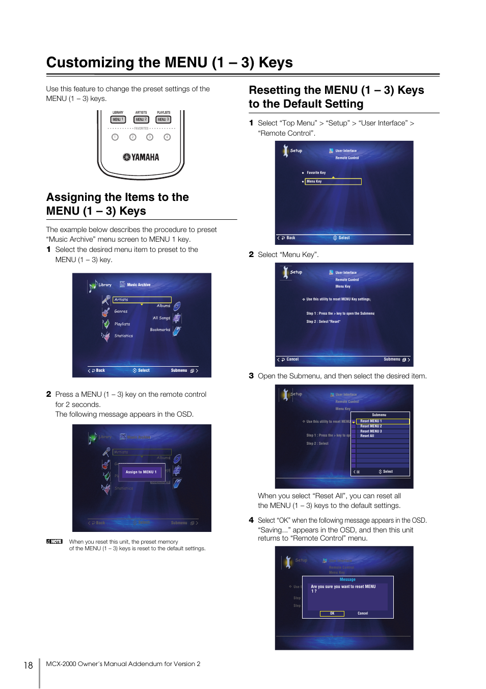 Customizing the menu (1 - 3) keys, Assigning the items to the menu (1 - 3) keys, Customizing the menu (1 – 3) keys | Assigning the items to the menu (1 – 3) keys, Select “menu key | Yamaha MCX-2000 User Manual | Page 18 / 25