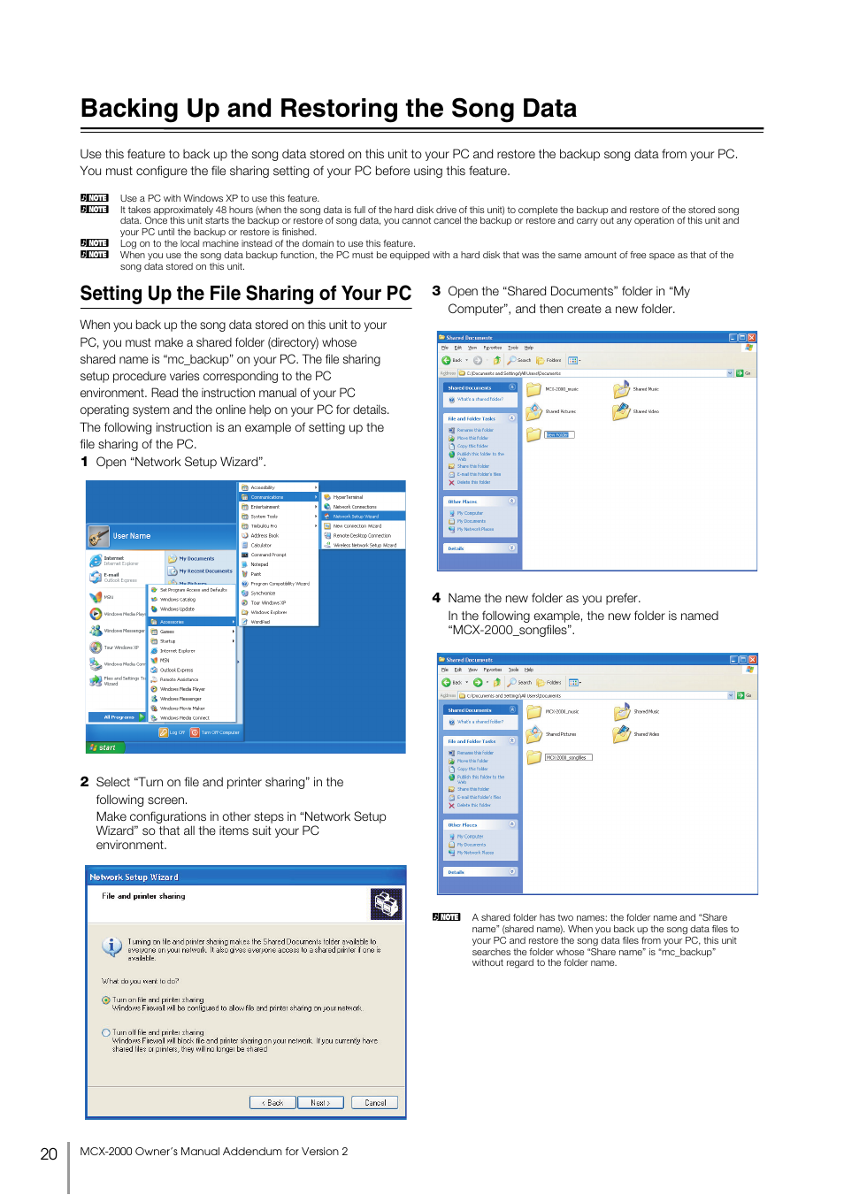 Backing up and restoring the song data, Setting up the file sharing of your pc | Yamaha MCX-2000 User Manual | Page 20 / 25