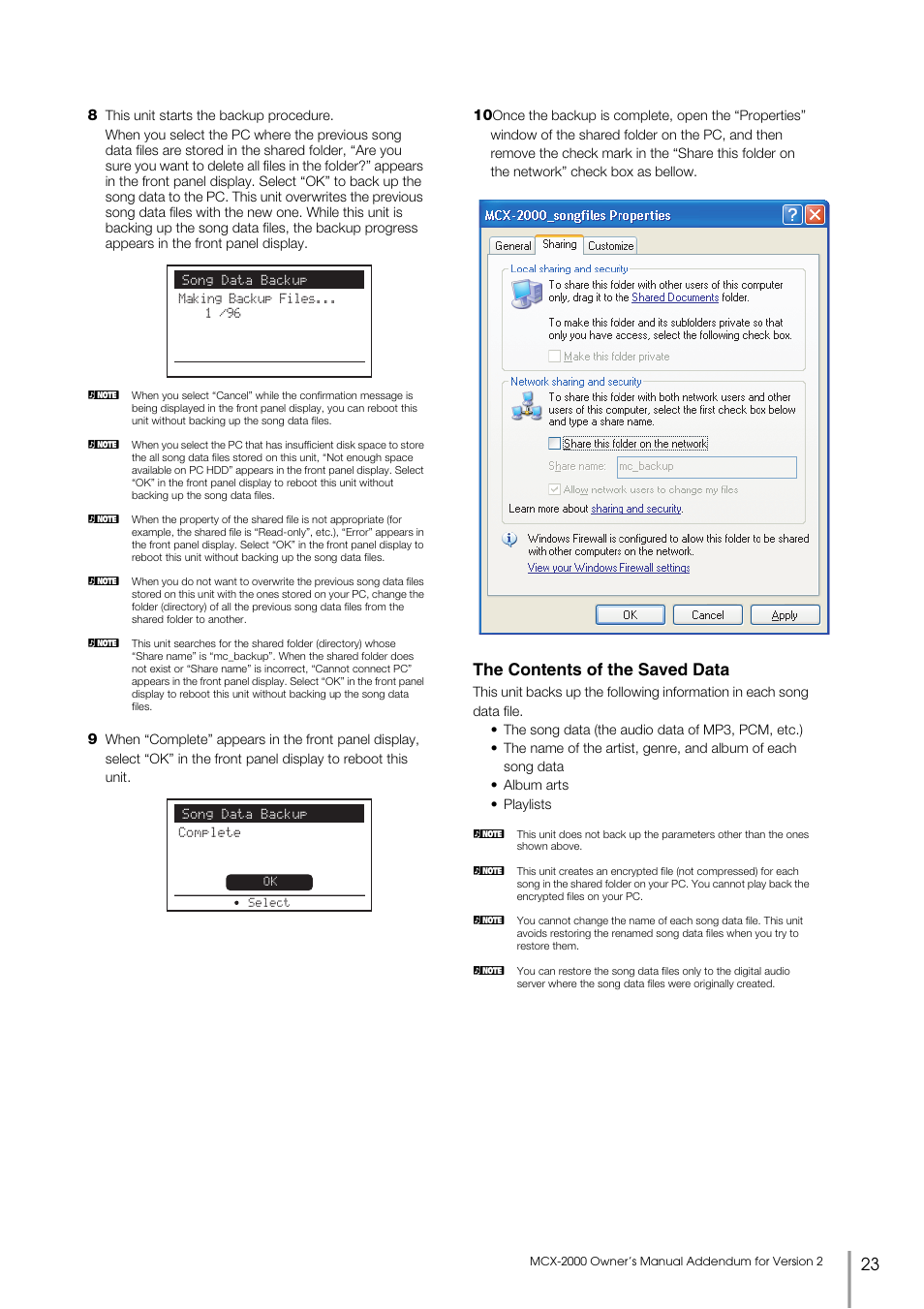 The contents of the saved data | Yamaha MCX-2000 User Manual | Page 23 / 25