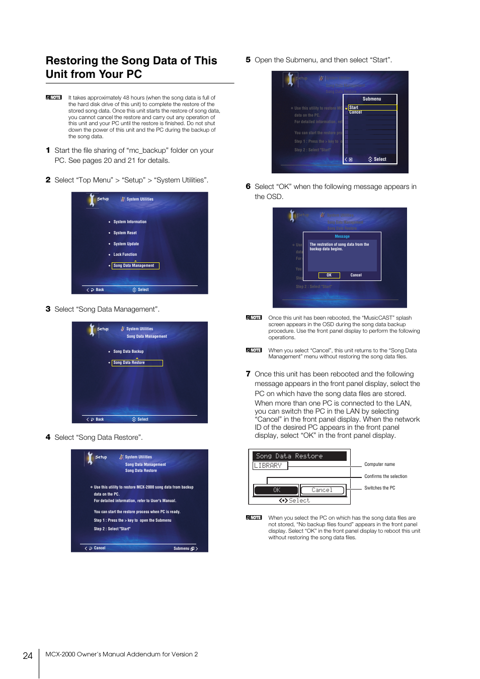 Restoring the song data of this unit from your pc, Select “top menu” > “setup” > “system utilities, Select “song data management | Select “song data restore, Open the submenu, and then select “start | Yamaha MCX-2000 User Manual | Page 24 / 25