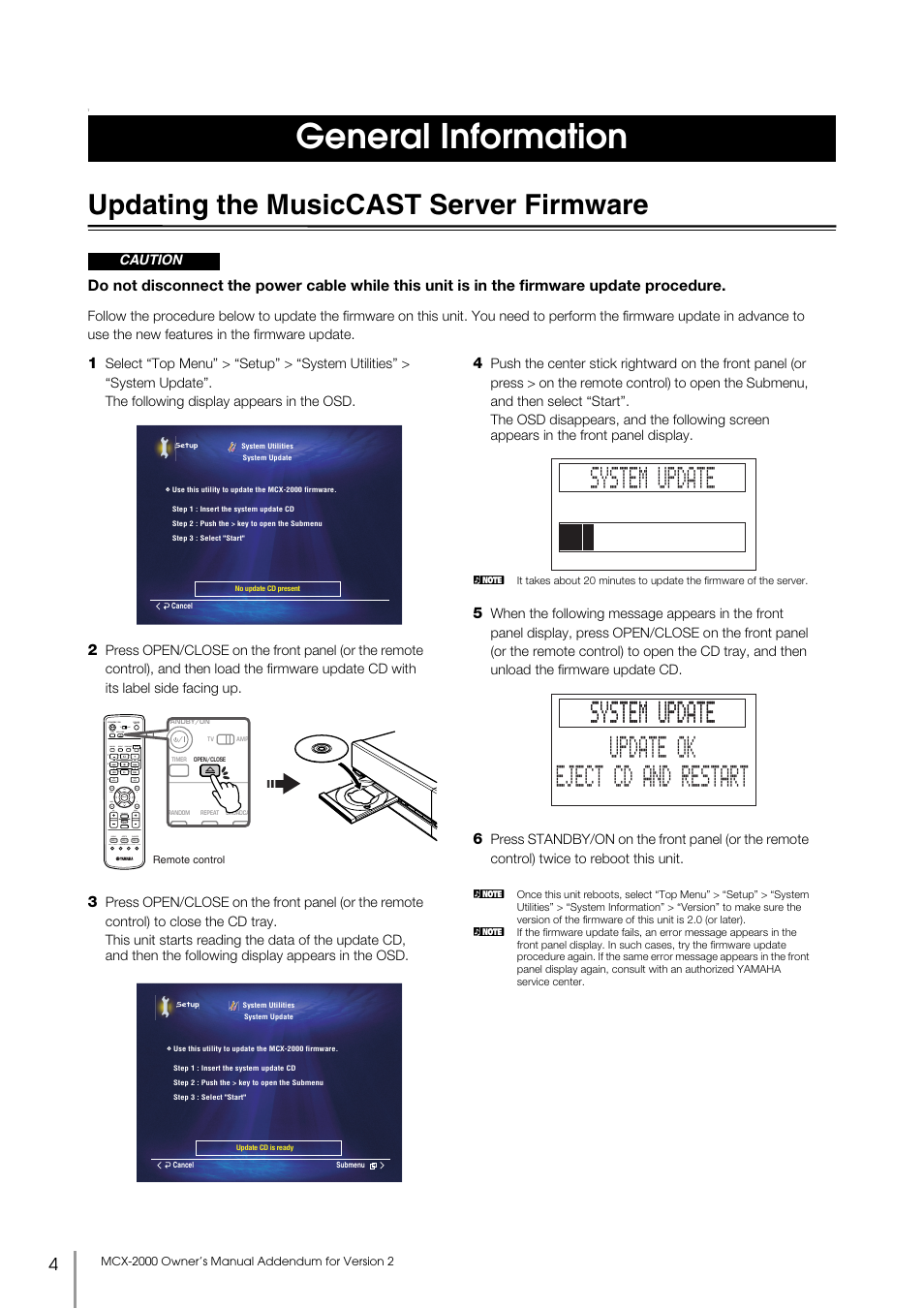 General information, Updating the musiccast server firmware, Neral information | Yamaha MCX-2000 User Manual | Page 4 / 25