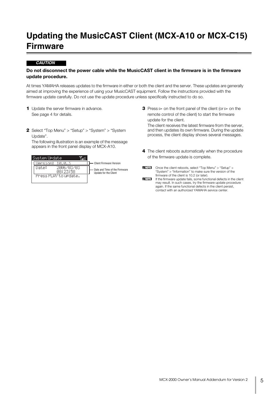 Updating the musiccast client firmware | Yamaha MCX-2000 User Manual | Page 5 / 25