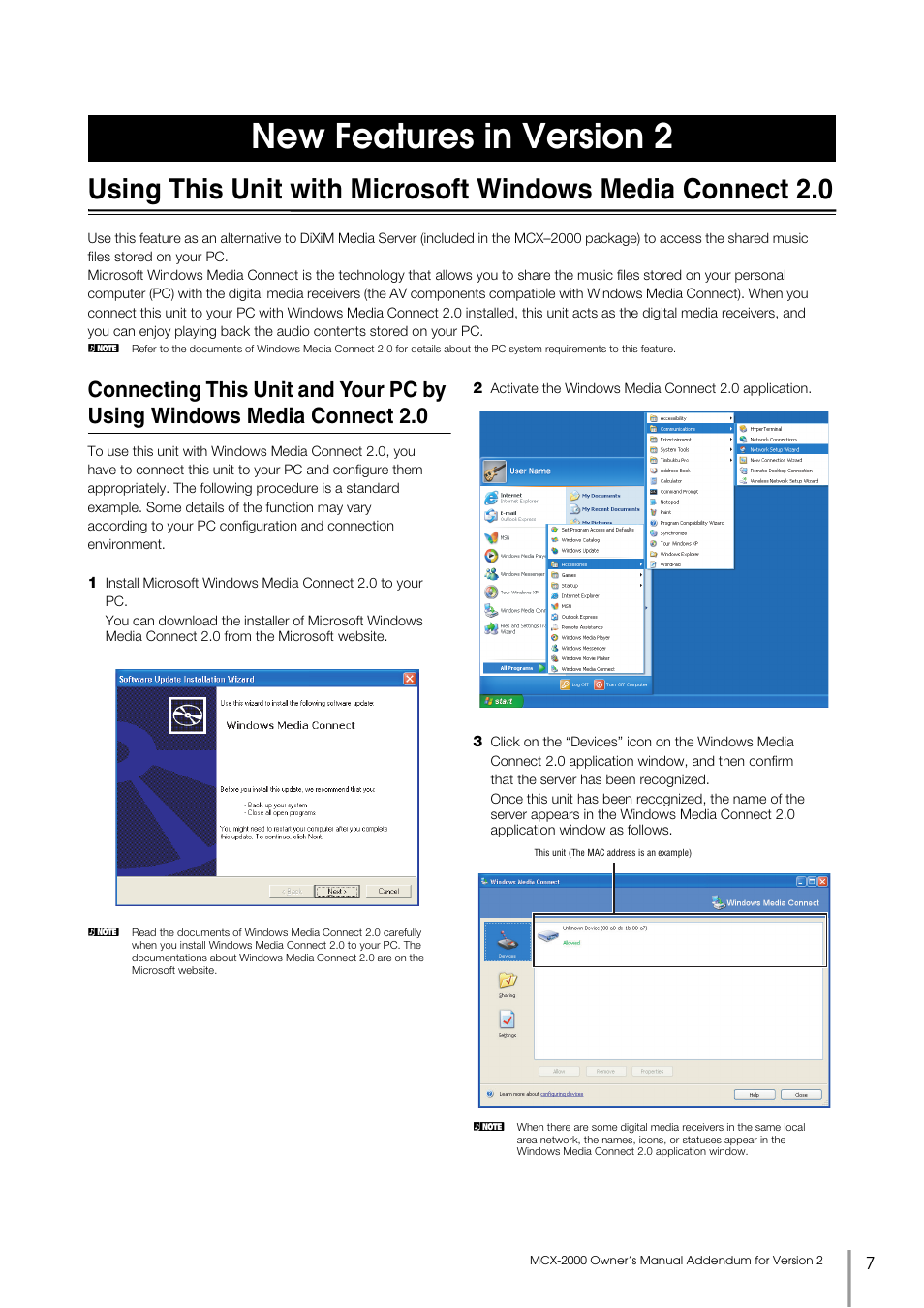 New features in version 2, Using this unit with, Microsoft windows media connect 2.0 | Connecting this unit and your pc, By using windows media connect 2.0 | Yamaha MCX-2000 User Manual | Page 7 / 25