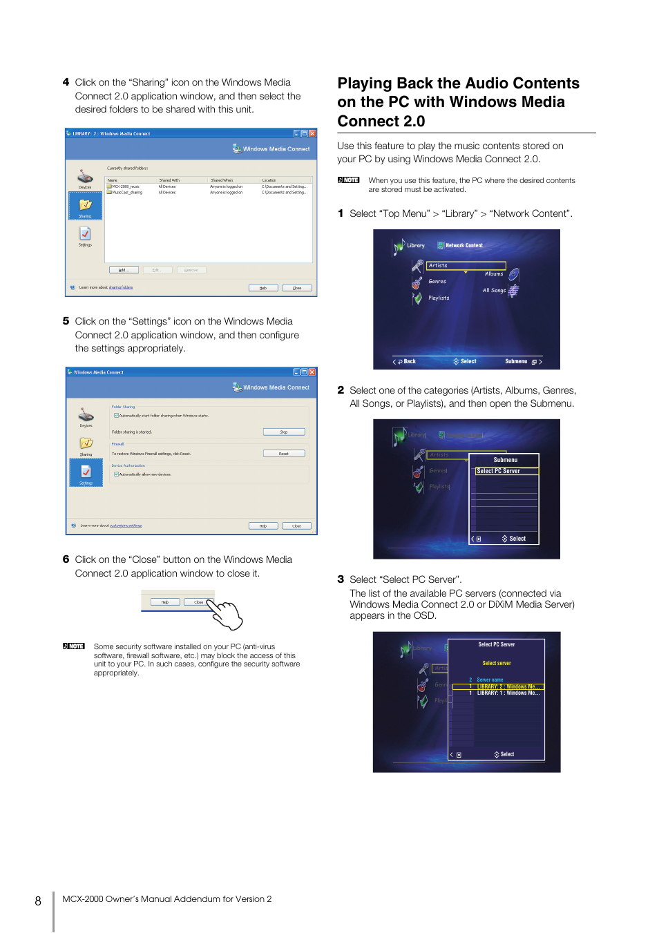 Playing back the audio contents on the pc, With windows media connect 2.0, Select “top menu” > “library” > “network content | Yamaha MCX-2000 User Manual | Page 8 / 25
