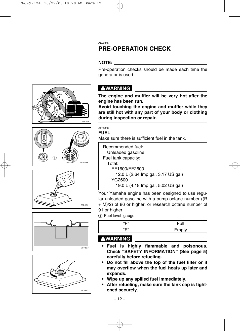 Pre-operation check, Fuel | Yamaha EF1600 User Manual | Page 17 / 41