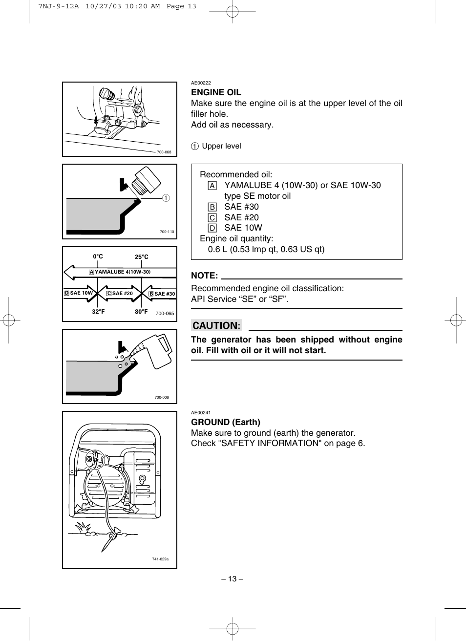 Engine oil, Ground (earth) | Yamaha EF1600 User Manual | Page 18 / 41