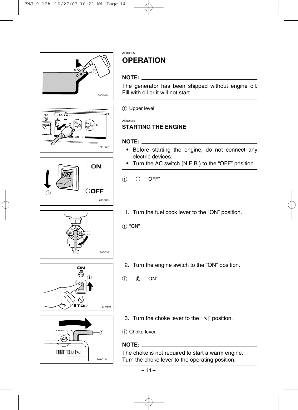 Operation, Starting the engine | Yamaha EF1600 User Manual | Page 19 / 41