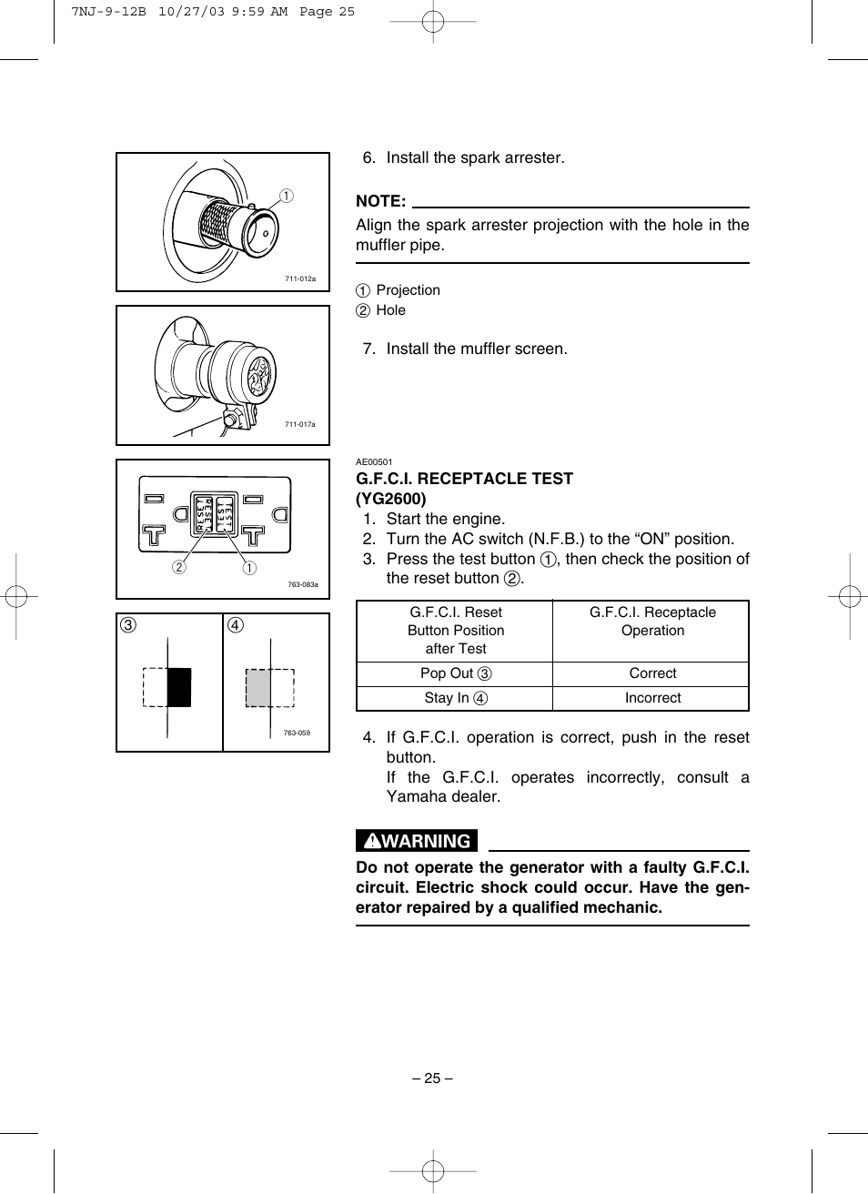 G.f.c.i. receptacle test | Yamaha EF1600 User Manual | Page 30 / 41