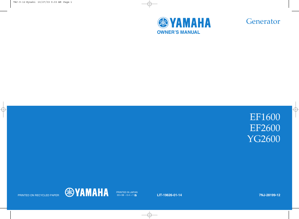 Generator, Owner’s manual | Yamaha EF1600 User Manual | Page 39 / 41