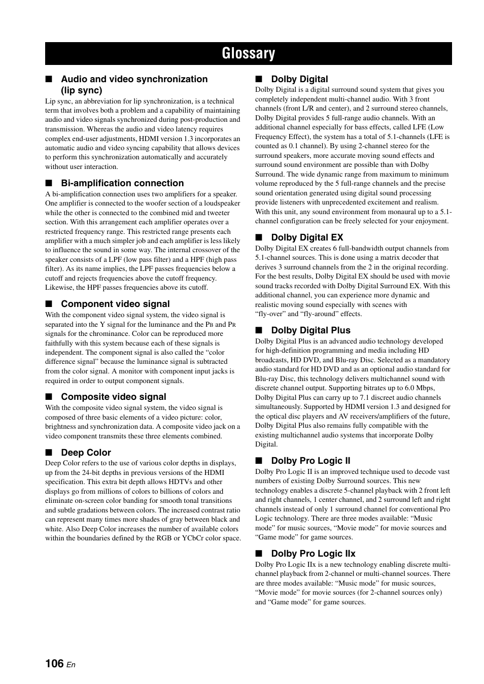 Glossary | Yamaha DSP-AX863SE User Manual | Page 108 / 126