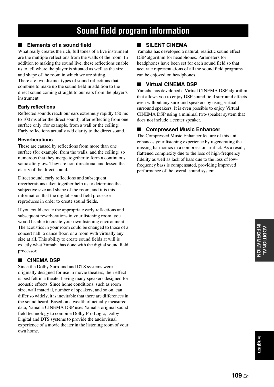 Sound field program information | Yamaha DSP-AX863SE User Manual | Page 111 / 126