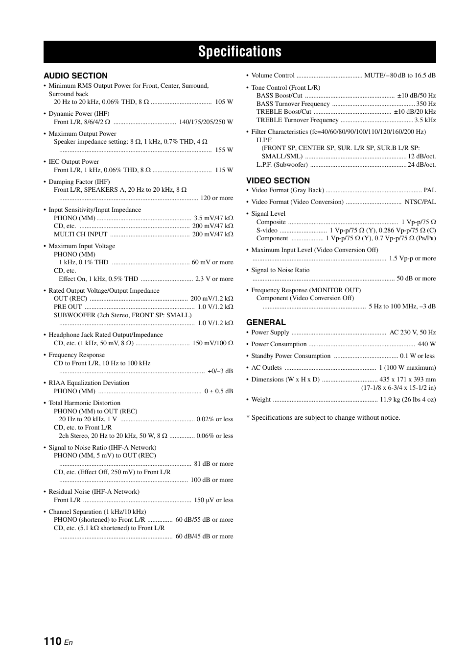 Specifications | Yamaha DSP-AX863SE User Manual | Page 112 / 126