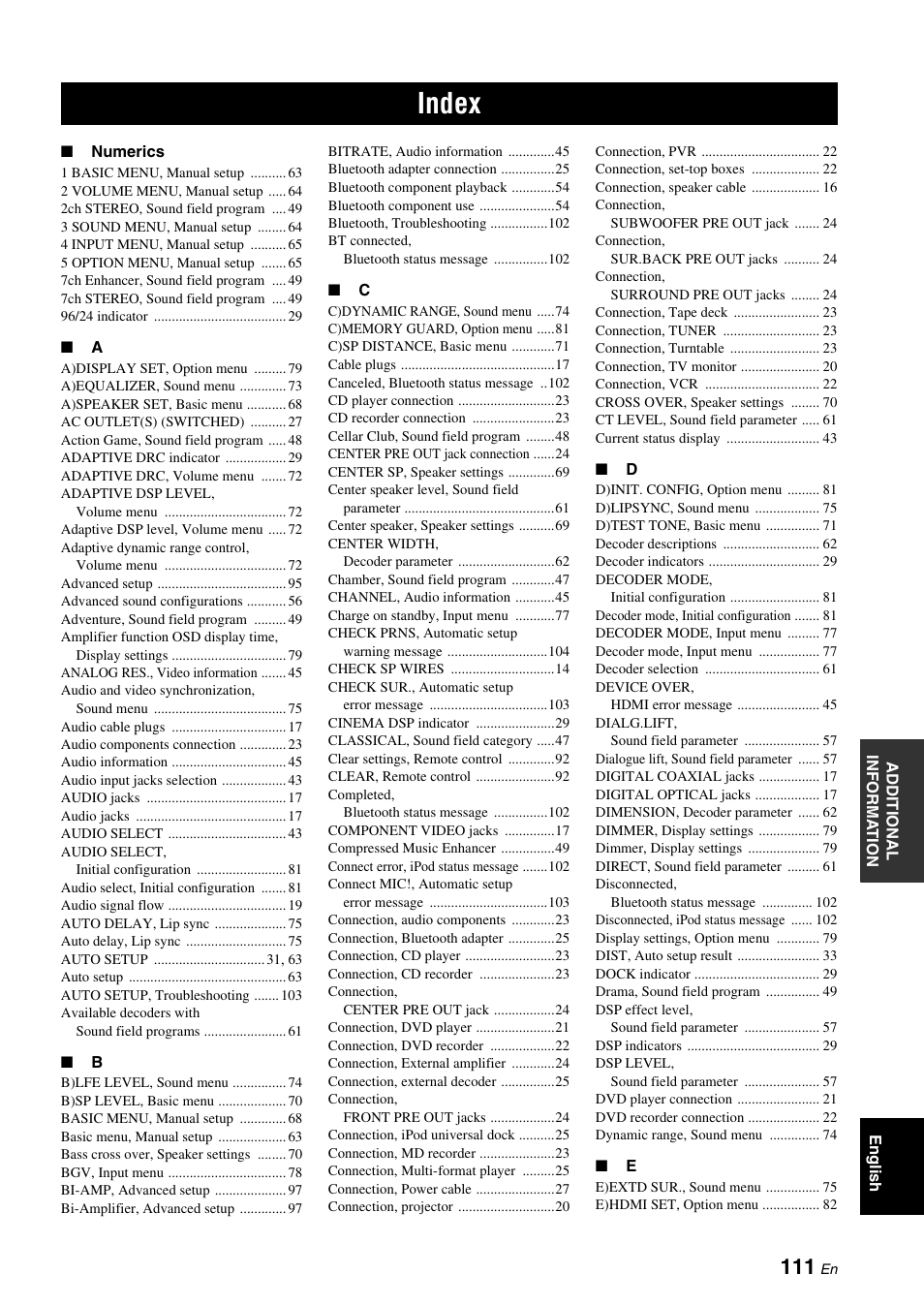 Index | Yamaha DSP-AX863SE User Manual | Page 113 / 126