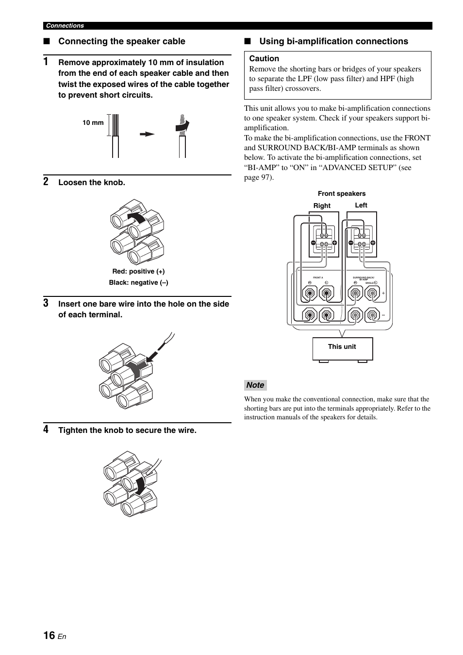Connecting the speaker cable, Using bi-amplification connections | Yamaha DSP-AX863SE User Manual | Page 18 / 126