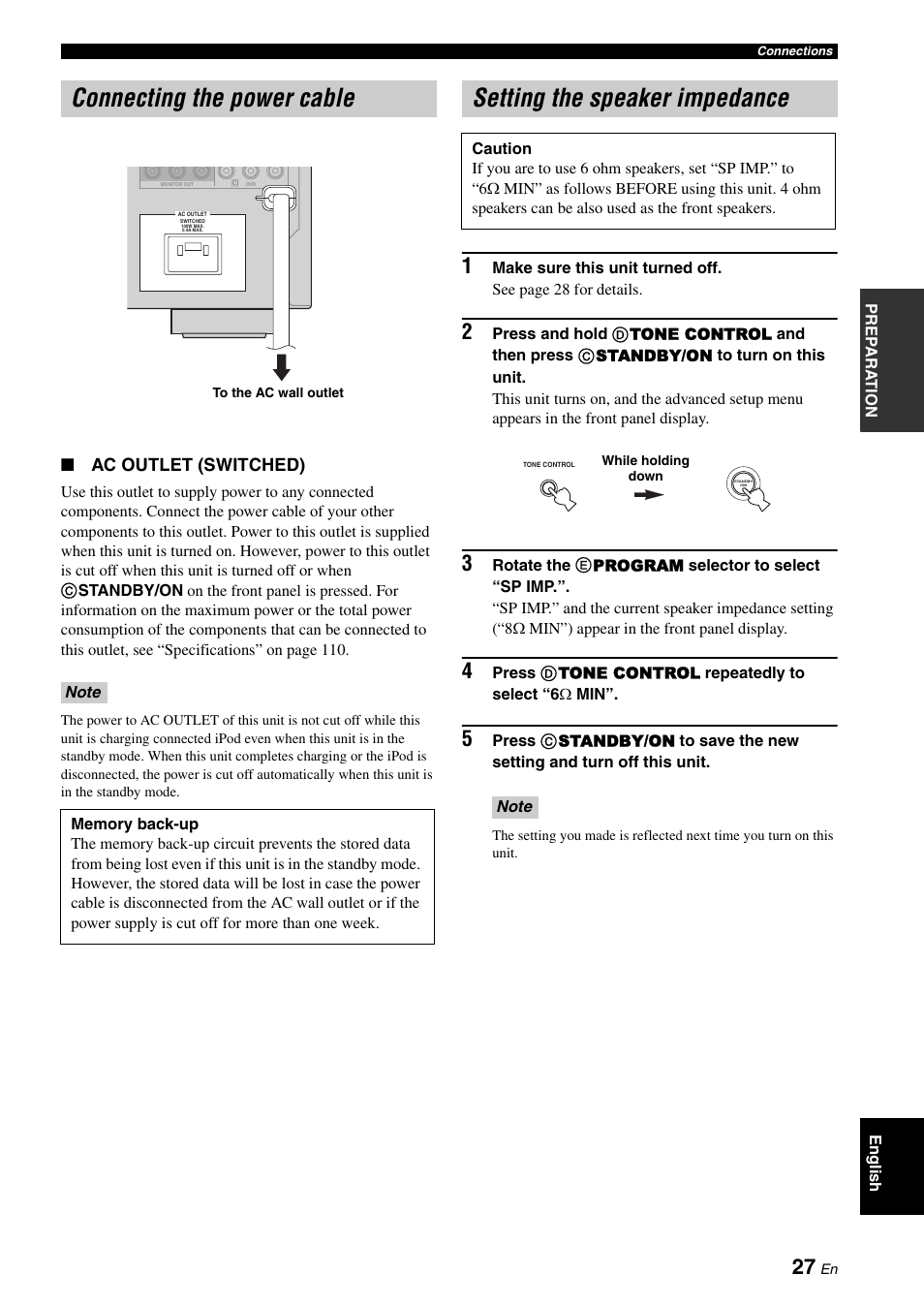 Connecting the power cable, Setting the speaker impedance | Yamaha DSP-AX863SE User Manual | Page 29 / 126