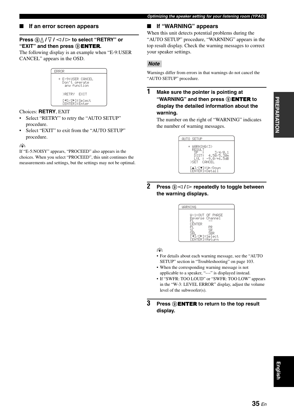 If an error screen appears, If “warning” appears | Yamaha DSP-AX863SE User Manual | Page 37 / 126