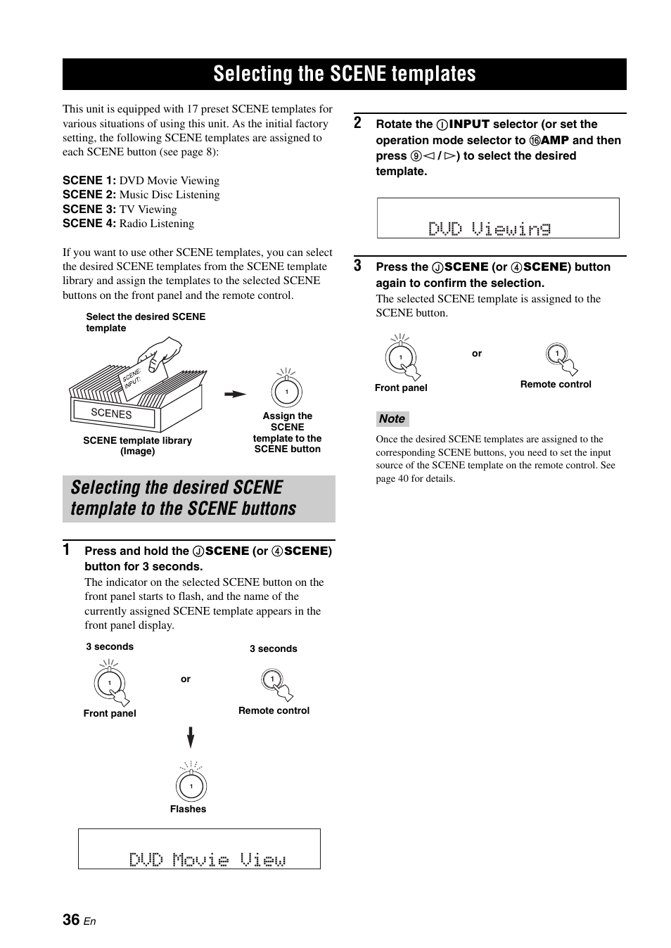 Selecting the scene templates, Selecting the desired scene template, To the scene buttons | P. 36, Dvd movie view, Dvd viewing | Yamaha DSP-AX863SE User Manual | Page 38 / 126