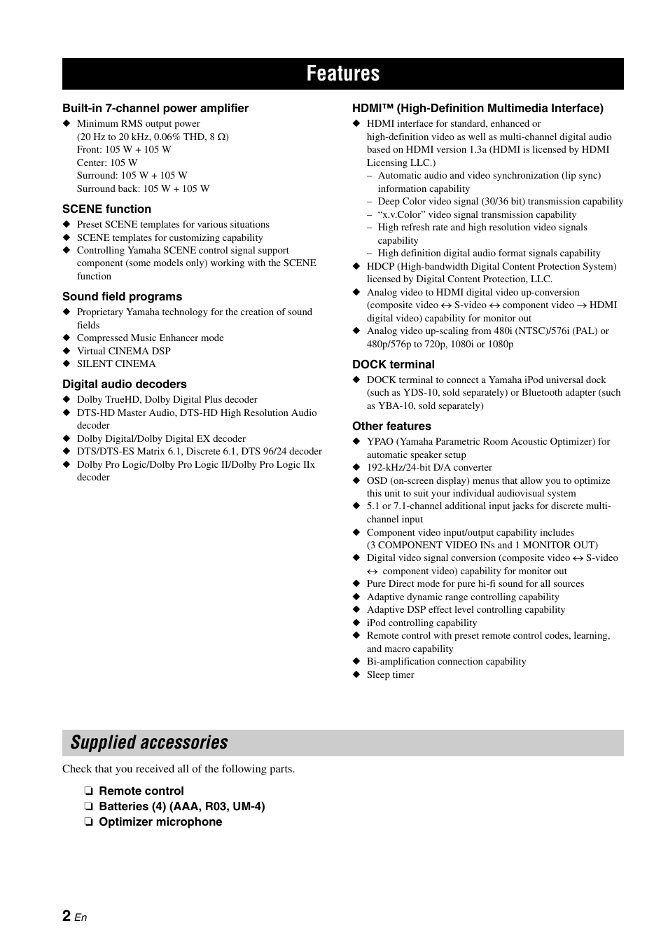 Features, Supplied accessories | Yamaha DSP-AX863SE User Manual | Page 4 / 126