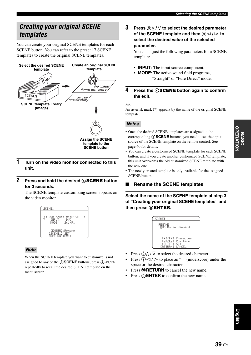 Creating your original scene templates, P. 39, Rename the scene templates | Yamaha DSP-AX863SE User Manual | Page 41 / 126