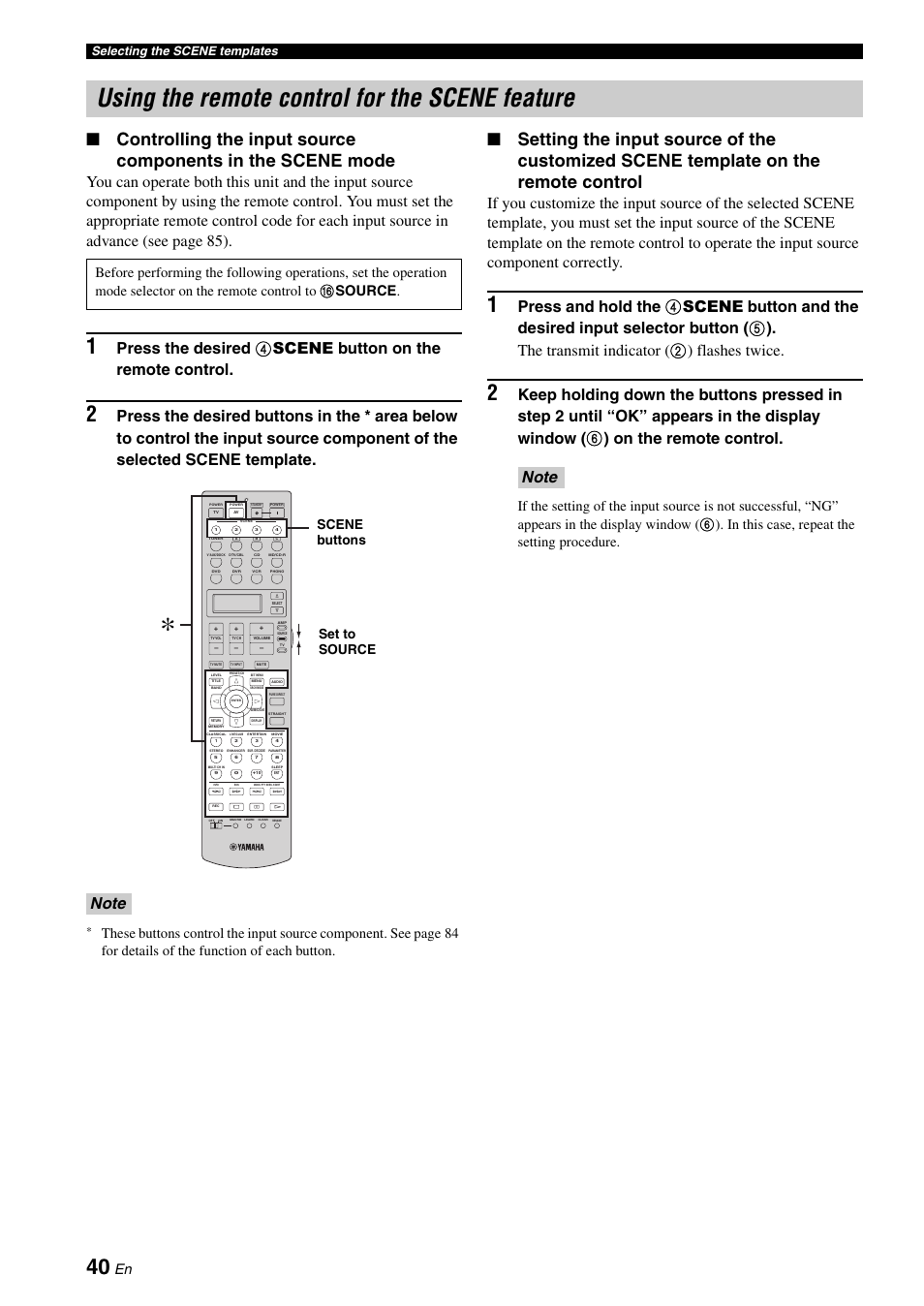 Using the remote control for the scene feature, Set to source scene buttons, Selecting the scene templates | Yamaha DSP-AX863SE User Manual | Page 42 / 126