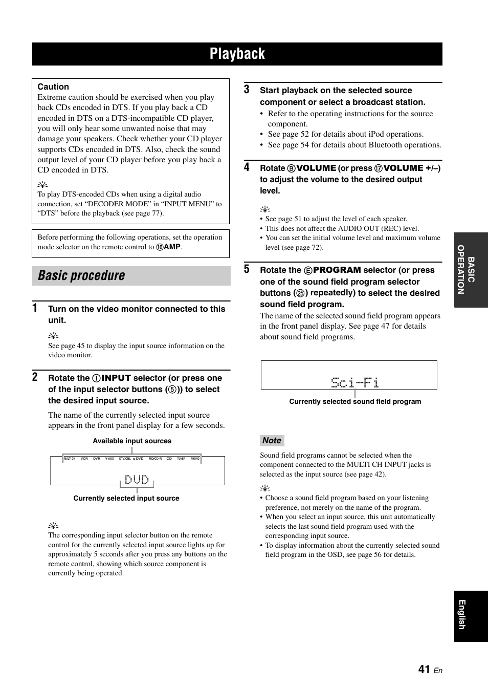 Playback, Basic procedure, P. 41 | Sci-fi | Yamaha DSP-AX863SE User Manual | Page 43 / 126