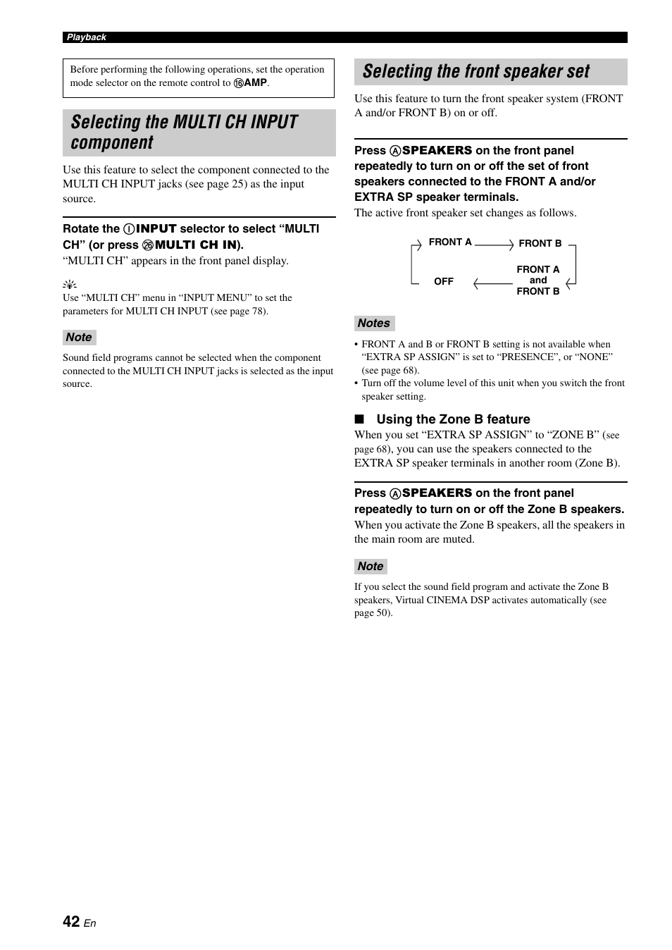 Selecting the multi ch input component, Selecting the front speaker set | Yamaha DSP-AX863SE User Manual | Page 44 / 126