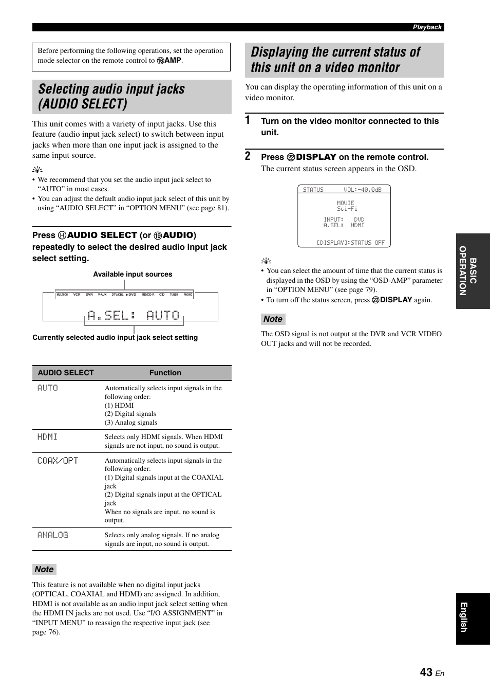 Selecting audio input jacks (audio select), Selecting audio input jacks, Audio select) | Displaying the current status of this unit, On a video monitor, A.sel: auto | Yamaha DSP-AX863SE User Manual | Page 45 / 126