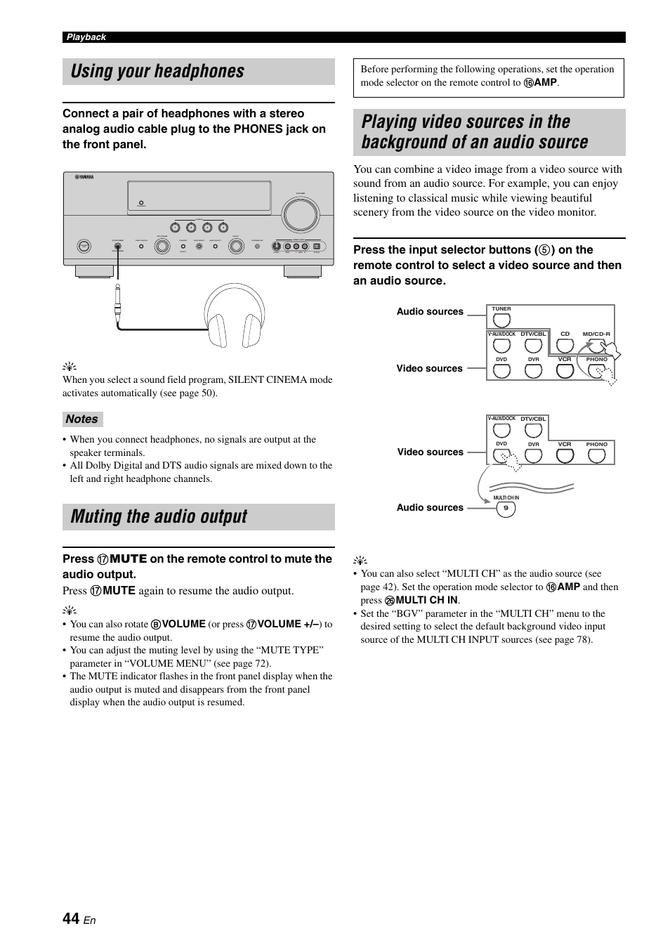 Using your headphones, Muting the audio output, Of an audio source | Yamaha DSP-AX863SE User Manual | Page 46 / 126