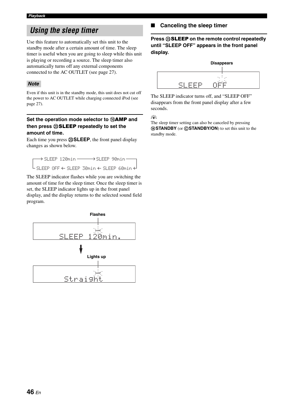 Using the sleep timer, P. 46, Sleep 120min | Straight, Sleep off | Yamaha DSP-AX863SE User Manual | Page 48 / 126
