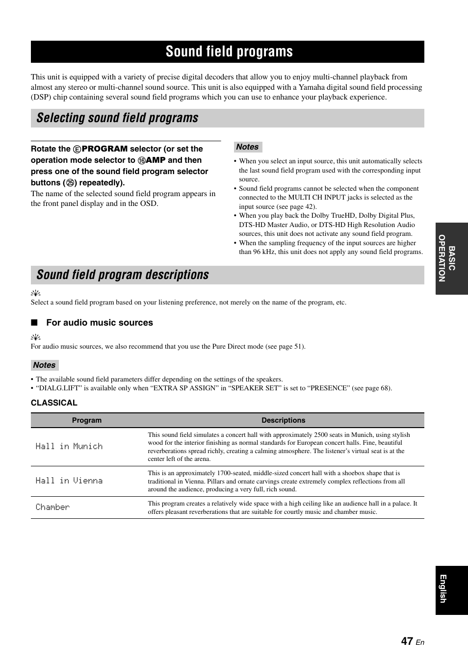 Sound field programs, Selecting sound field programs, Sound field program descriptions | P. 47 | Yamaha DSP-AX863SE User Manual | Page 49 / 126