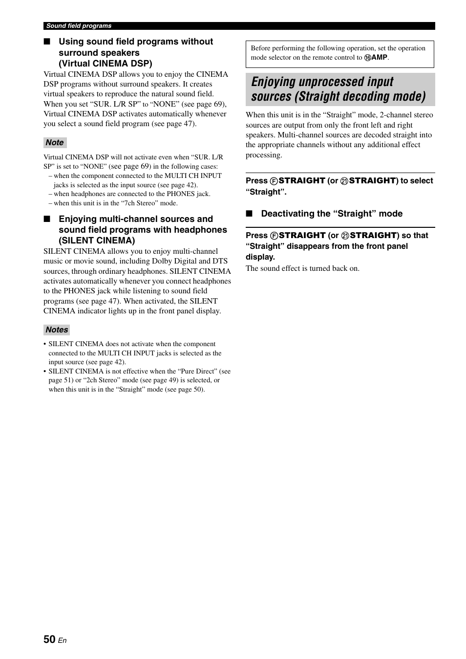 Enjoying unprocessed input sources, Straight decoding mode) | Yamaha DSP-AX863SE User Manual | Page 52 / 126