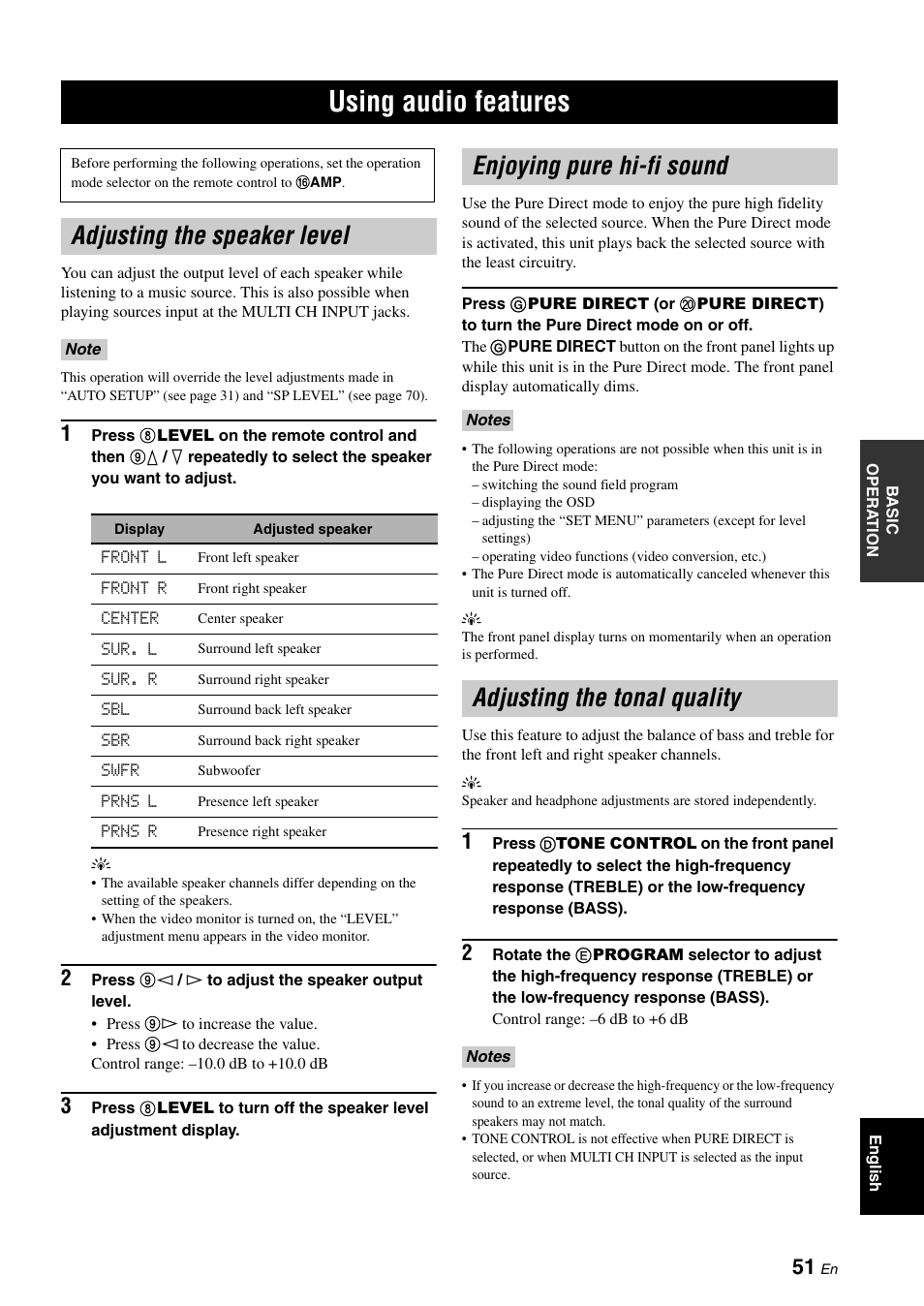 Using audio features, Adjusting the speaker level, Enjoying pure hi-fi sound | Adjusting the tonal quality, P. 51 | Yamaha DSP-AX863SE User Manual | Page 53 / 126