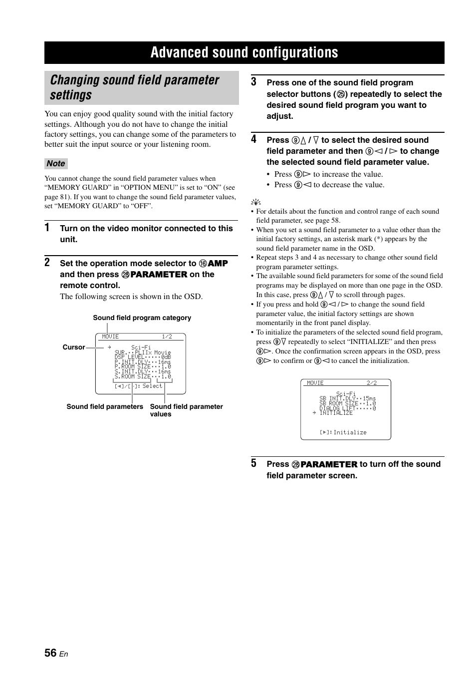 Advanced sound configurations, Changing sound field parameter settings, P. 56 | Yamaha DSP-AX863SE User Manual | Page 58 / 126