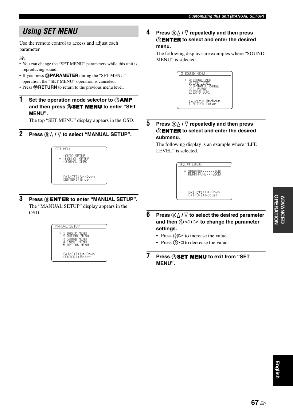 Using set menu | Yamaha DSP-AX863SE User Manual | Page 69 / 126