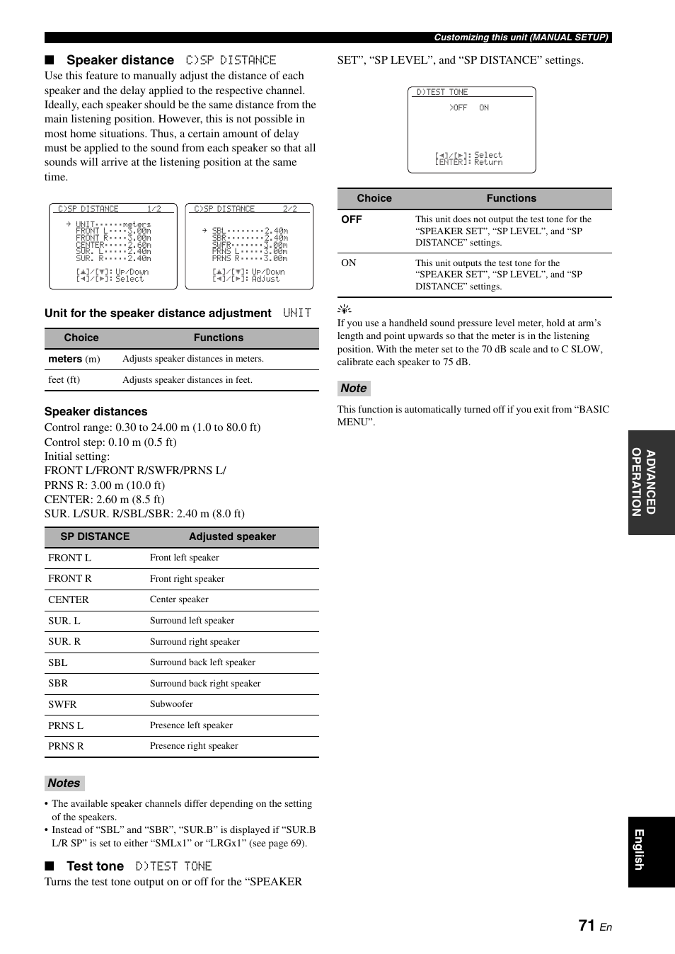 Speaker distance, Test tone | Yamaha DSP-AX863SE User Manual | Page 73 / 126