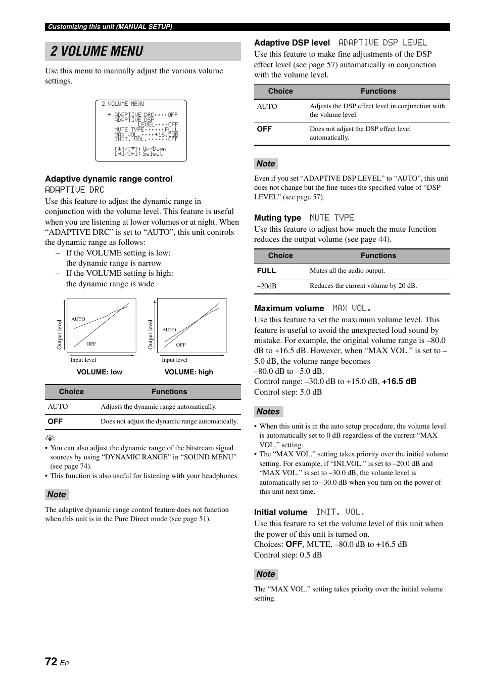 2 volume menu | Yamaha DSP-AX863SE User Manual | Page 74 / 126