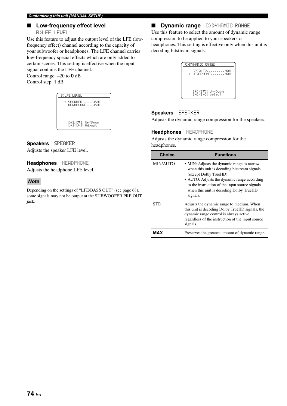 Low-frequency effect level, Dynamic range | Yamaha DSP-AX863SE User Manual | Page 76 / 126