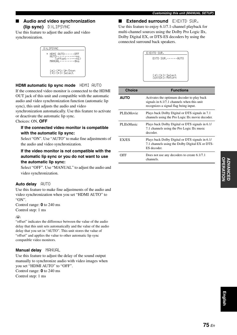 Audio and video synchronization (lip sync), Extended surround | Yamaha DSP-AX863SE User Manual | Page 77 / 126