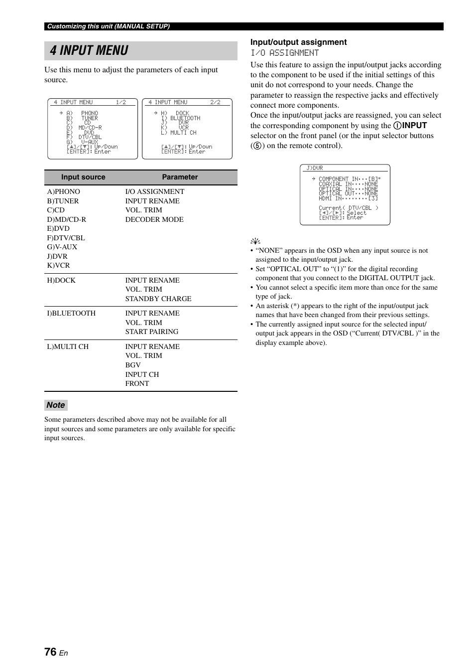 4 input menu | Yamaha DSP-AX863SE User Manual | Page 78 / 126