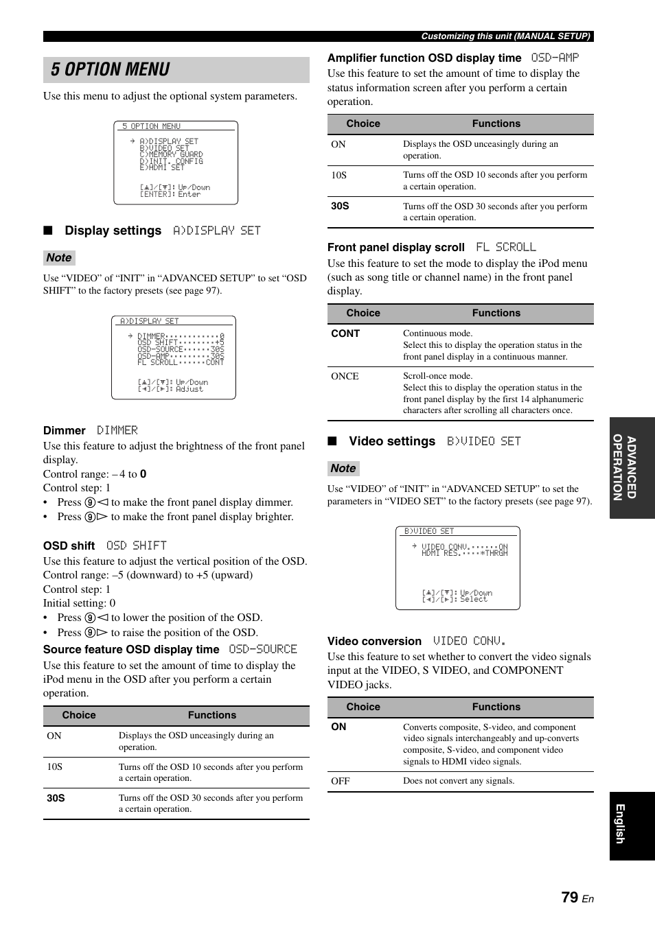 5 option menu, Display settings, Video settings | Yamaha DSP-AX863SE User Manual | Page 81 / 126