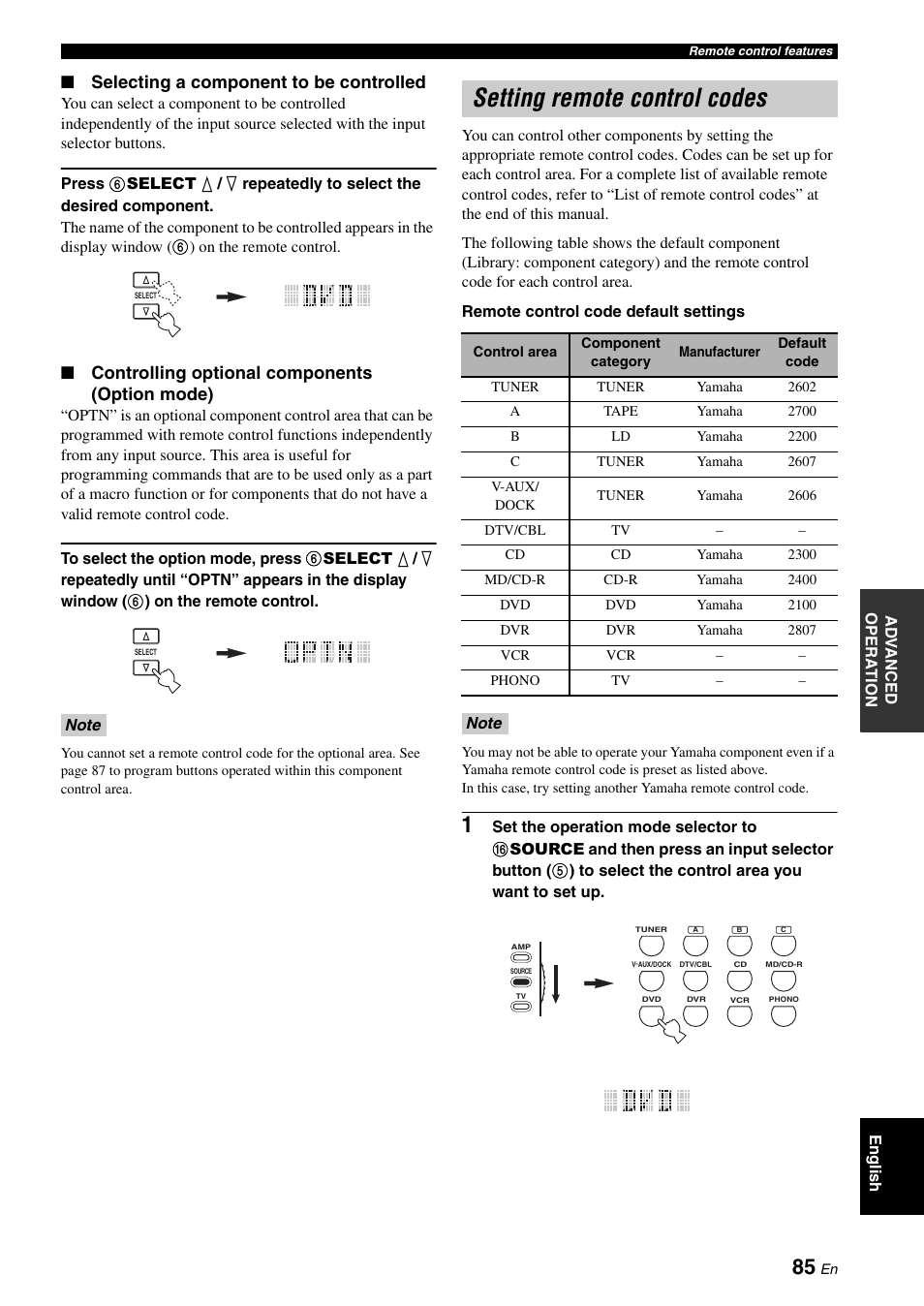 Setting remote control codes, Selecting a component to be controlled, Controlling optional components (option mode) | Yamaha DSP-AX863SE User Manual | Page 87 / 126