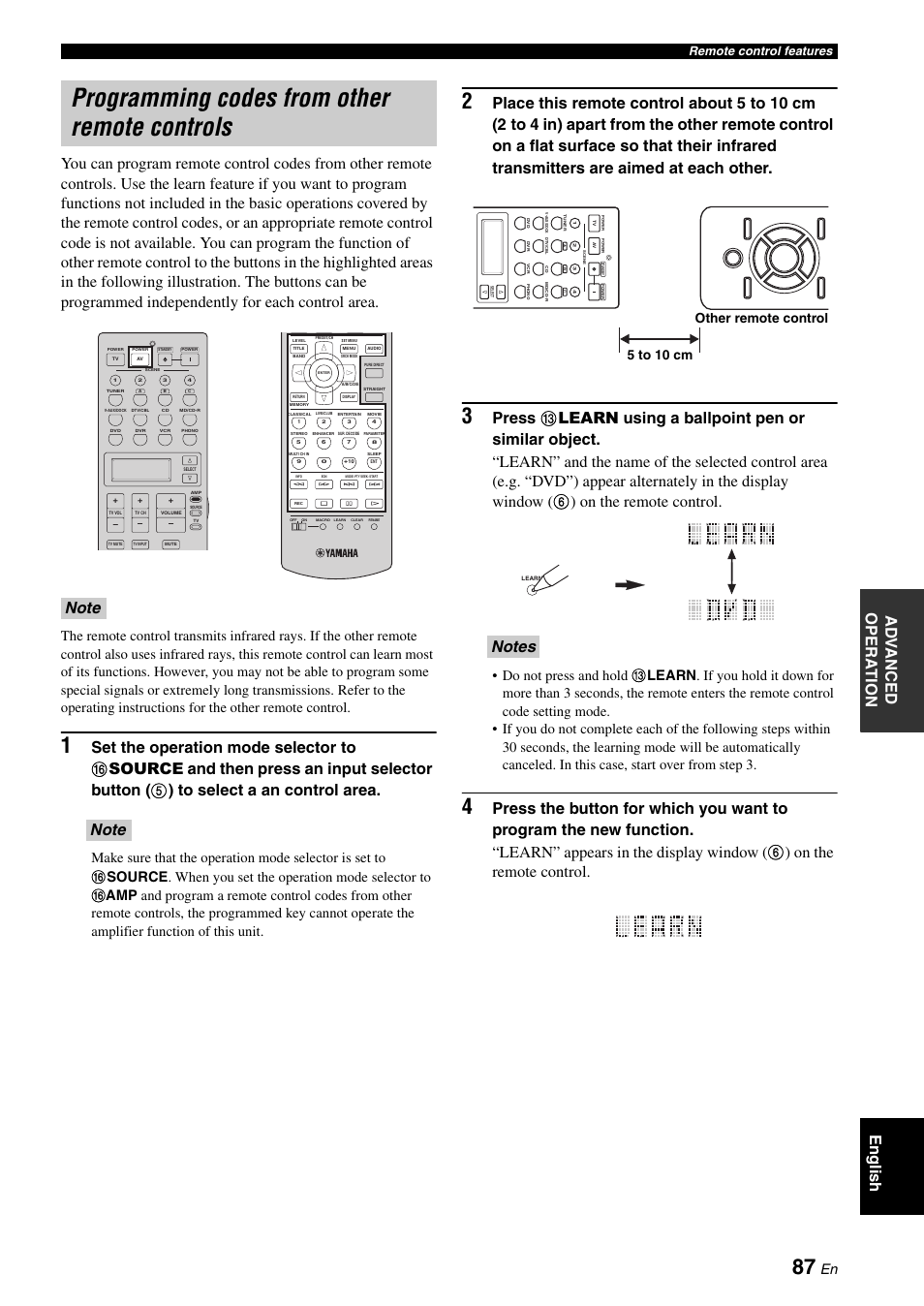 Programming codes from other remote controls, 5 to 10 cm other remote control, Remote control features | Yamaha DSP-AX863SE User Manual | Page 89 / 126