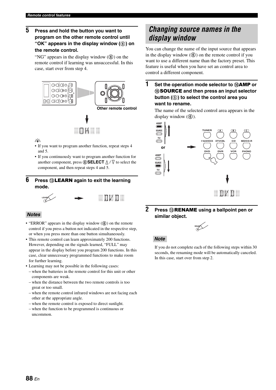 Changing source names in the display window, Press c learn again to exit the learning mode | Yamaha DSP-AX863SE User Manual | Page 90 / 126