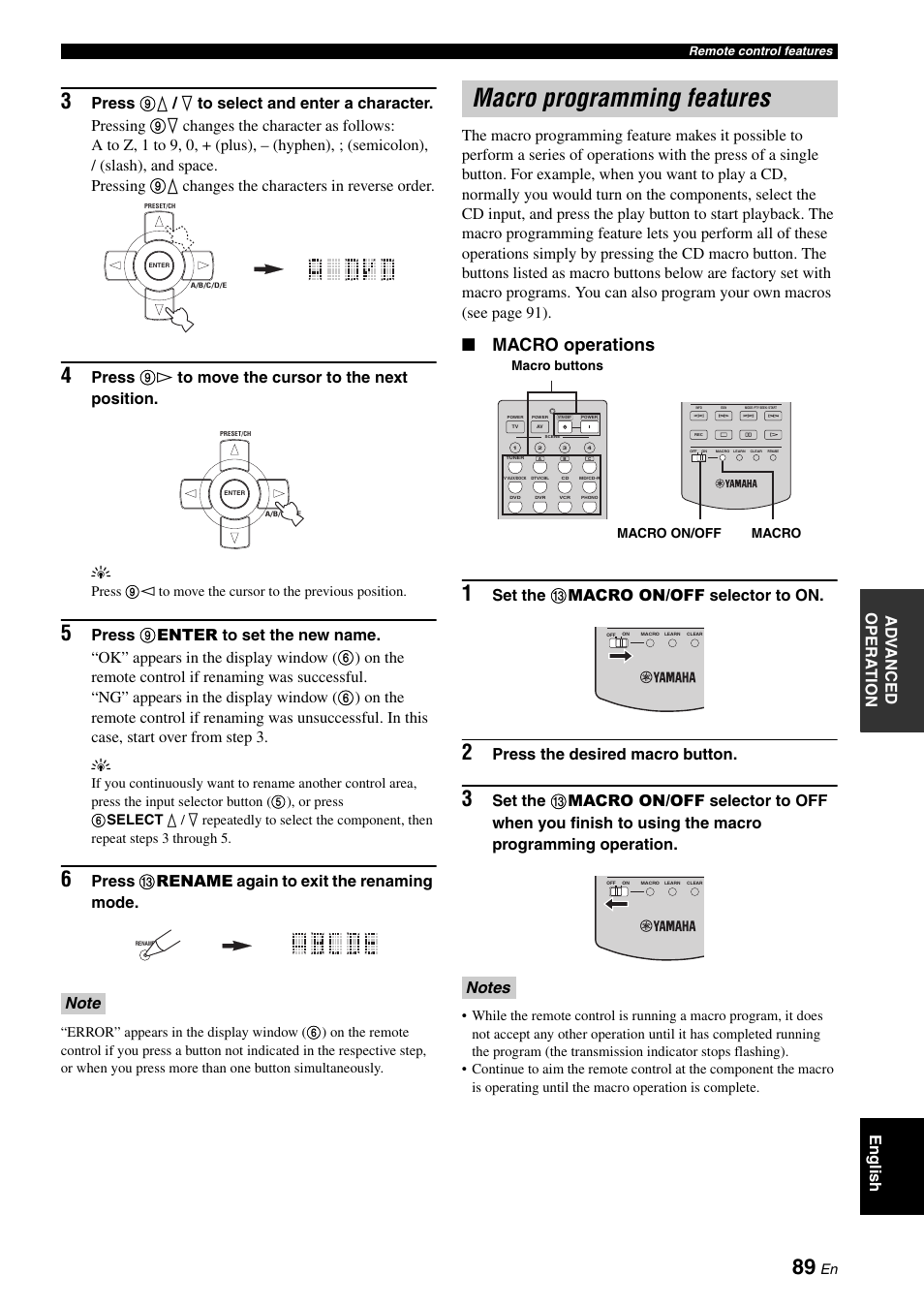 Macro programming features, Macro operations, Ad v anced opera t ion english | Press c rename again to exit the renaming mode, Set the c macro on/off selector to on, Press the desired macro button | Yamaha DSP-AX863SE User Manual | Page 91 / 126