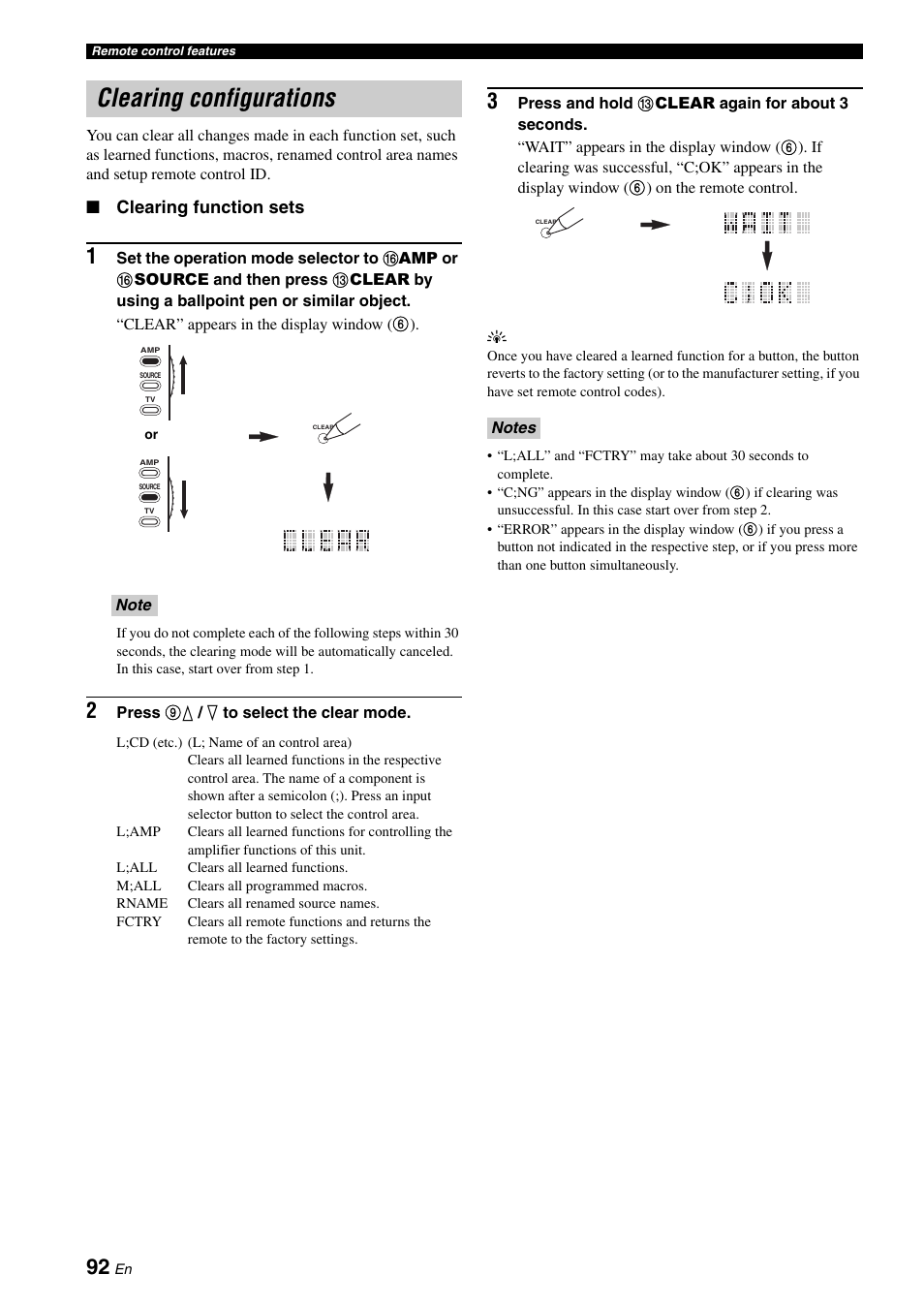 Clearing configurations, Clearing function sets | Yamaha DSP-AX863SE User Manual | Page 94 / 126