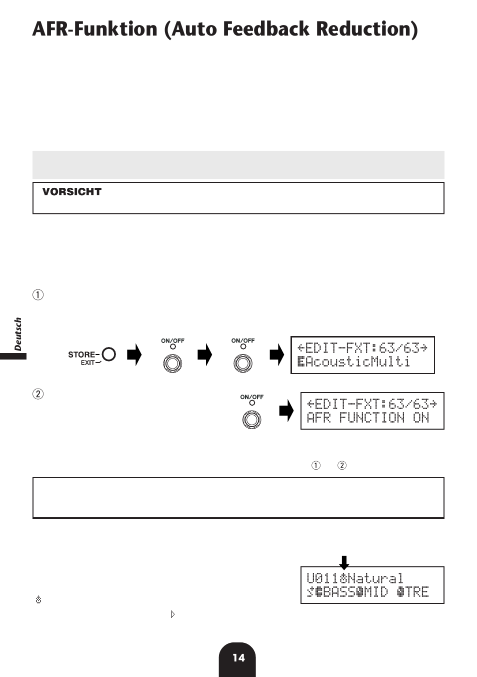 Afr-funktion (auto feedback reduction), Einschalten der afr-funktion, Gebrauch der afr-funktion | U011«natural ó‡bassﬁmid 0 átre | Yamaha MagicStomp MK2 User Manual | Page 14 / 36